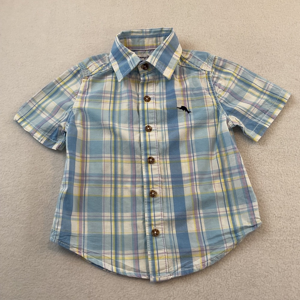 Tommy Bahama Boys Blue Plaid Short Sleeve Button Down Shirt Size XS 4 Cotton